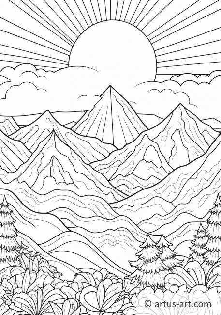 Pagină de colorat cu răsărit de soare în munți